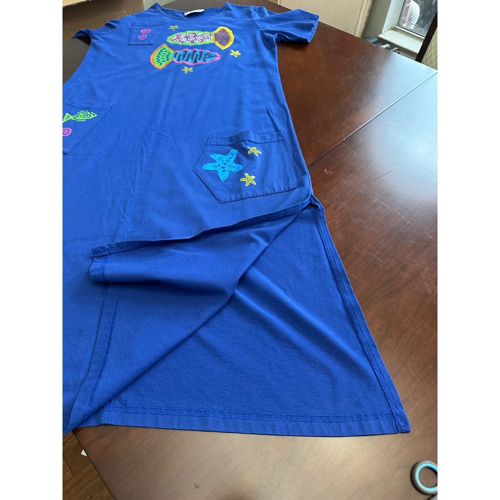 Cover Charge Vintage Blue Hand Painted Fish Starfish Maxi T-Shirt Dress USA Made - Picture 8 of 10